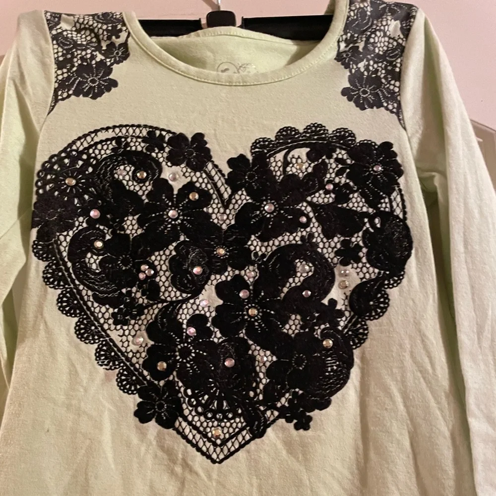🌻 JUSTICE Girls frilly T-shirt dress long sleeves Green & black SZ 6 lace Heart
